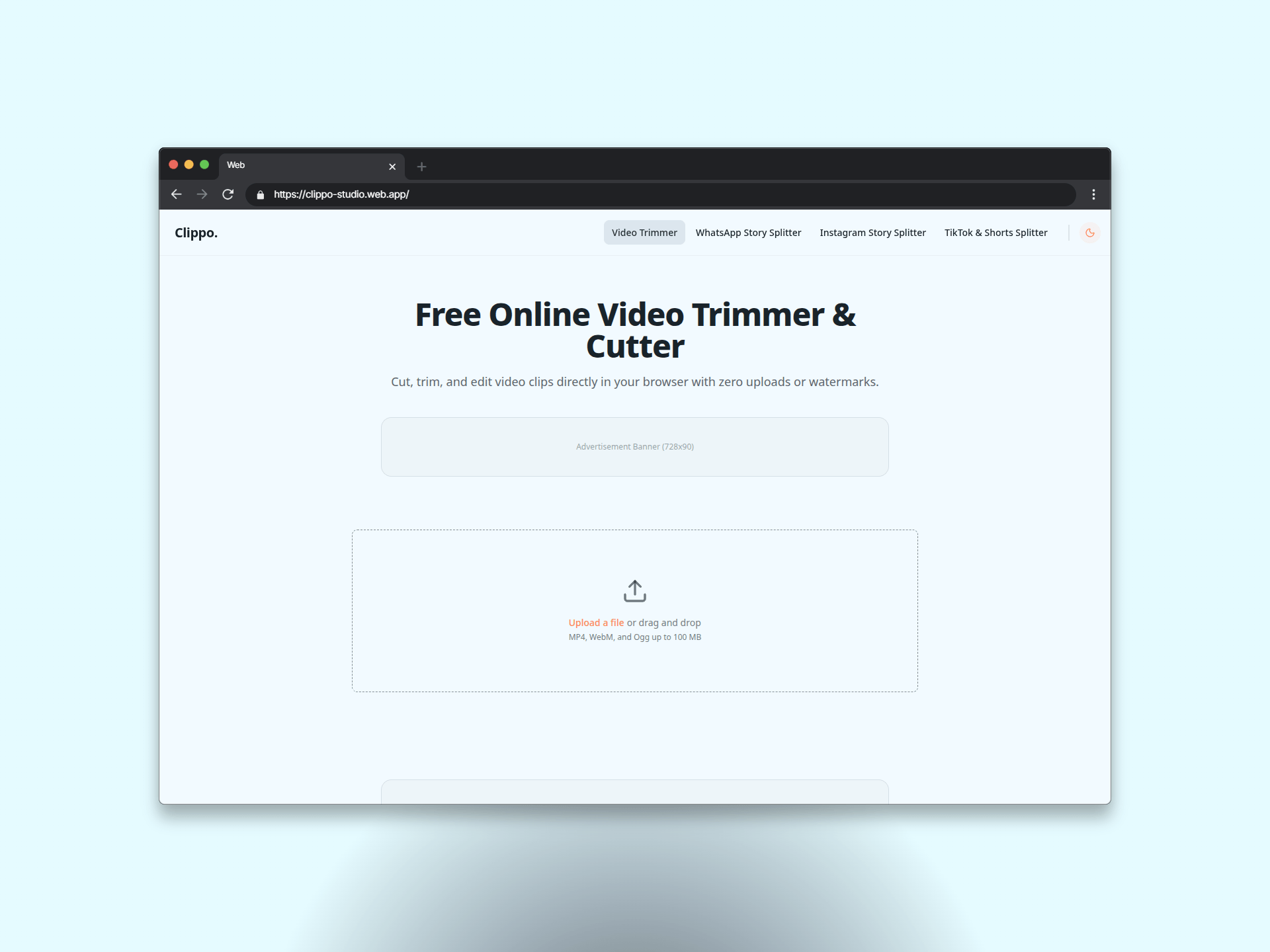 Clippo Studio web application interface displaying video timeline slider and splitting controls