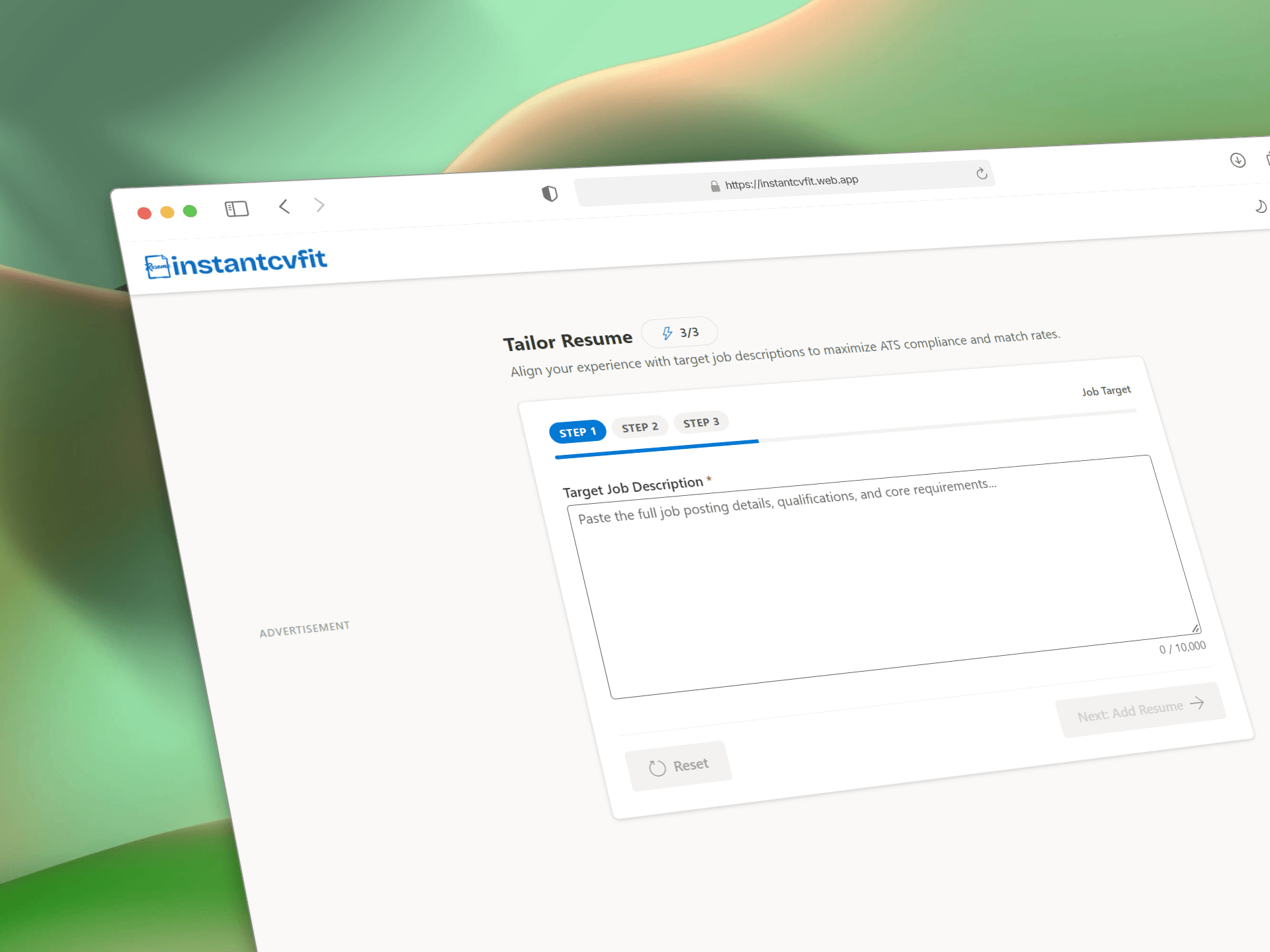 InstantCVFit web application interface displaying resume customization tools and job description input