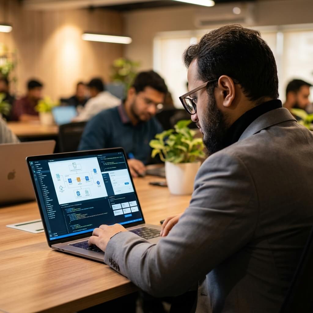 Developer reviewing web application architecture and UI components on a laptop screen